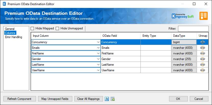 SSIS OData Destination Component - Columns